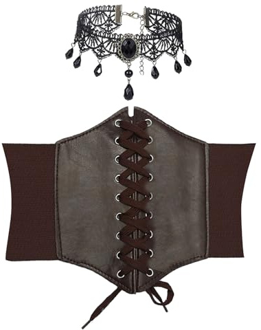 Wekuw Ceinture Corset pour Femme Corset Rétro Corsets à Lacets Élastique Ceintures Costume de Pirate pour Femme avec Chaîne de Clavicule (marron)
