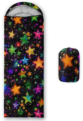 HOSIMA Saco de dormir con estampado de estrellas coloridas, para clima frío, para adultos, niñas y niños, impermeable, para hombres, cálido, camping, senderismo, actividades al aire libre, viajes