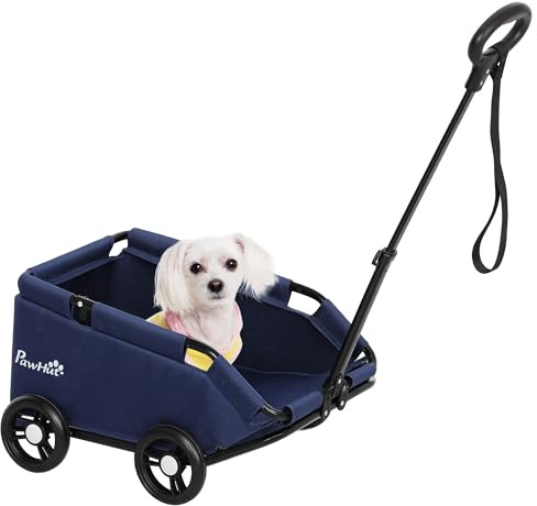 PawHut Carrito para Perros Plegable Cochecito para Mascotas Carrito para Perros Miniatura con Barra de Empuje Ajustable Diseño Abierto Cojín Bolsa de Almacenamiento y Ruedas 53x45x28 cm Azul Oscuro