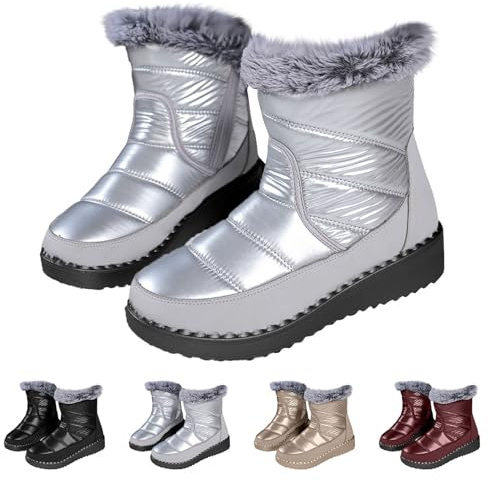 Botas de nieve para mujer, impermeables, forradas – Botines de invierno para mujer, elegantes, botas cálidas de invierno con tacón de cuña, botas térmicas de media caña, plata, 40 EU