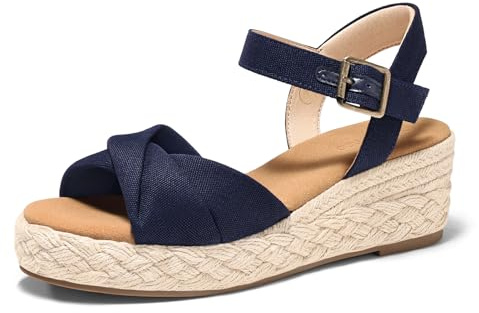 Coutgo Womens Platform Wedge Heels Sandals Espadrilles Open Toe Ankle Strap Twist Canvas Summer Beach Shoes, Navy Blue, size 7.5