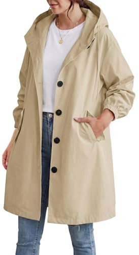 CMTOP Trench Femme Capuche Léger Mi-Long Trench Coat, Élégant et Chic Simple Boutonnage Manteau Coupe Vent Veste mi Saison Windbreaker Manteaux avec Poches pour Printemps Automne