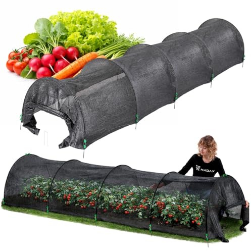 KADAX Växttunnel 350 x 90 x 70 cm, grönsakstunnel av svart PE-nät, UV-skydd för växter, nättunnel med robusta bågar, skydd för upphöjda bäddar