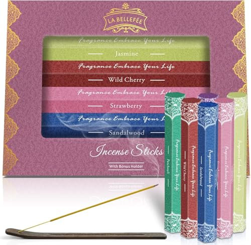 LA BELLEFÉE Räucherstäbchen Set 120 Sticks, 6 Boxen mit 6 Düfte - Sandelholz, Jasmin, Patchouli, Afrikanisches Veilchen, Erdbee