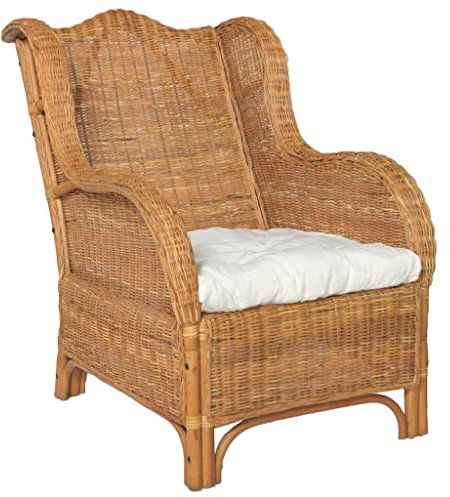 vidaXL Sessel mit Kissen Relaxsessel Rattansessel Relaxstuhl Loungesessel Armsessel Ohrensessel Sofa Wohnzimmer Hellbraun Natur-Rattan Leinen