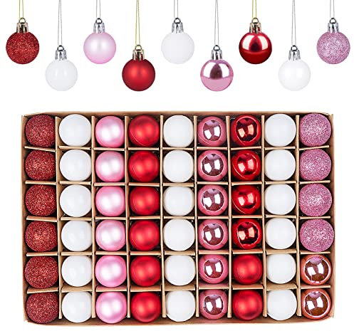 Weihnachtskugeln Plastik 54er Set, Christbaumkugeln 3CM, enthält Mini Weihnachtskugeln Weiß Rot Rosa, Bruchsicher Weihnachtsbaumschmuck mit Schlüsselband Kleine Kugeln Weihnachten