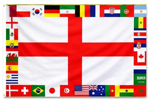 32 Countries Football Tournament Flag 5ft x 3ft with Brass Eyelets – Polyester England Supporters Banner for Football Tournaments, Pub, Bar & Garden Match Day Decor