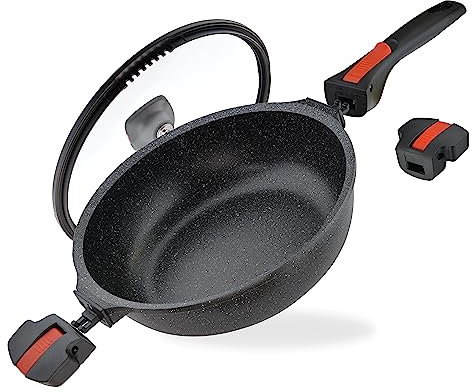Linnuo Schmorpfanne Bratpfanne 28 cm hoher Rand, Aluguss Pfanne mit Deckel 28cm, abnehmbare Griffe, Antihaft beschichtete Pfanne Induktion, für alle Herden, backofengeeignet, Bratpfanne mit Deckel