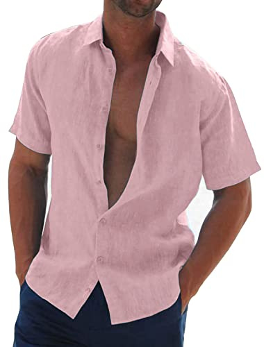 Halfword Mens Linen Shirts Short-Sleeve Summer Casual Beach Shirts Button Down Loose fit Hawaiian Holiday Wedding Cheesecloth Tops | Cheesecloth, Breathable, Casual, Button Down, Loose fit, Summer, Hawaiian, Holiday, Wedding