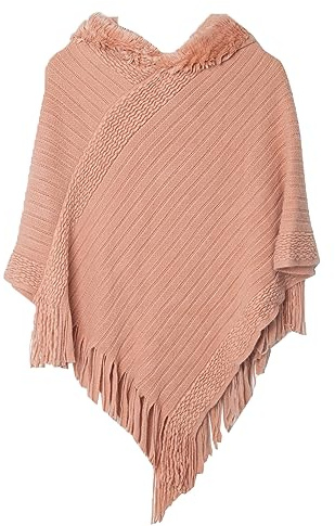 JFAN stickade ponchos med huva för kvinnor cape pullover fransar stickad tröja mångsidig huva halsduk varm rock huvtröja, ROSA, one size