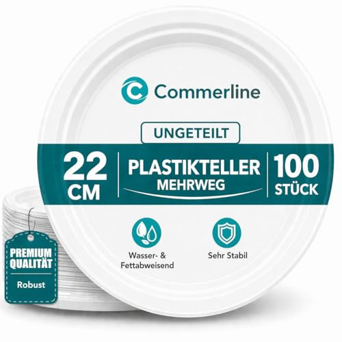 Commerline Plasttallrikar | 800 Stycken Utan Fack | Återanvändbara Ø 22 cm Plasttallrikar | Partytallrik Partytjänst Plastbordstallrikar Diskmaskinssäkra