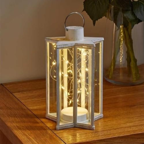 Marco Paul Hanging Garden Lantern Lighting for Outdoors Firefly Effect Star Light Battery Operated Indoor Lamp LED Table Lantern Home Lighting Distressed White Lantern