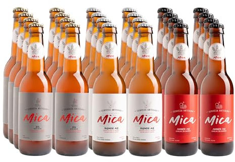 Mica - Pack Degustación 24 Cervezas Artesanales - 8 uds Mica Amber Ale, 8 uds Mica Blonde Ale y 8 uds Mica IPA - 24 x 33 cl– 6%