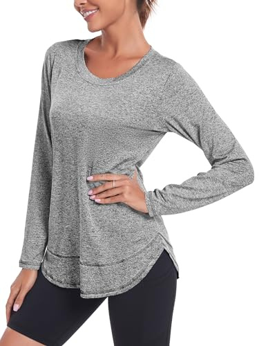 Deaviya Womens Long Sleeve Sports Tops UK, Sport Yoga T-Shirt Workout Running Tops, Crew Neck Quick Dry Golf Activewear Ladies Gym Sports Top, XXL,Medium Gray