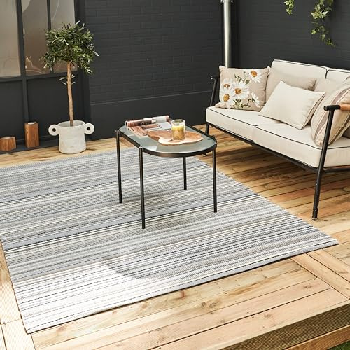 THE RUGS Rainbow Collection Outdoor Rug - Easy to Clean, Waterproof Plastic Outdoor Rugs for Garden, Patio, Balcony, Camping - Vibrant Plastic Straw Rug - Threads Grey, 120x160