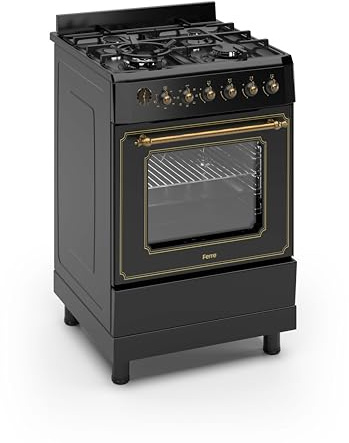 Ferre F6IP40E7-BL-RETRO-W 60cm Freestanding Dual Fuel Cooker With Wok Burner & Turbo Fan - Matte Black