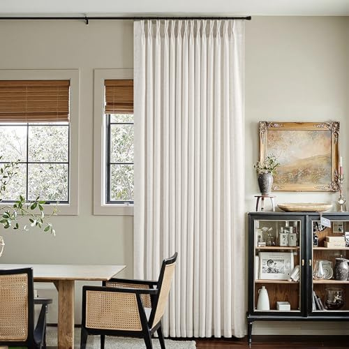 Natural Pinch Pleated Thick Linen Curtains for Sliding Patio Door 2 Panels, Luxury Memory Trained Pinch Pleated Curtains Drapes with Hooks 70 Inches Wide, Heavy Linen Curtains for Privacy Protection