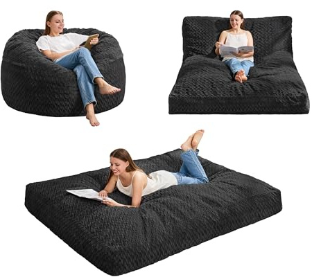 Hobestluk Bean Bag Chair Convertible Beanbag Chairs for Adults, 3 in 1 Bean Bags with Plush Chevron Cover, Adult Bean Bag Chair for Living Room, Bedroom (Black, Full)