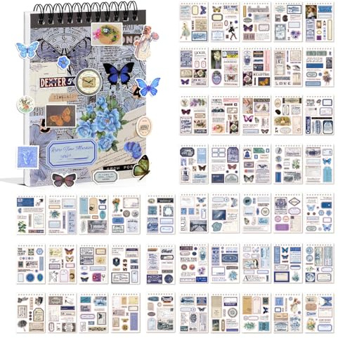ASOMI 477 pegatinas vintage para álbumes de recortes, 50 hojas precortadas Washi para álbumes de recortes, manualidades para adultos, diseño azul
