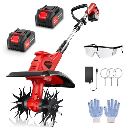 Cordless Tiller Cultivator, 360RPM 9inch Wide Electric Garden Tiller,Total 8000mAh Battery Powered Mini Cultivator,48 Steel Tines Portable Rotary Tiller for Gardening (2 x 4.0AH Battery)