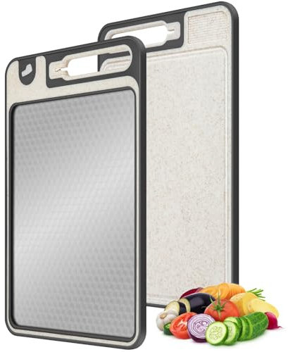 Tableau à couper double côté en acier inoxydable, gros aliment en acier inoxydable et straw de blé en plastique Tableau à couper pour la cuisine, poignée pratique, pieds antidérapants