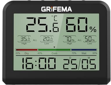 GRIFEMA GA2901B, Termómetro Digital Interior del Higrómetro, Digital Medidor de Humedad con Retroiluminación, Registro Máx/Mín, Reloj/Fecha, Ideal para Hogar/Invernadero, Negro