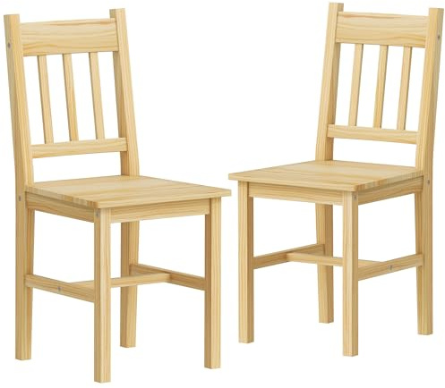 HOMCOM Juego de 2 Sillas de Comedor de Madera Maciza de Pino, Sillas de Cocina con Respaldo de Listones, Asiento Amplio, para Salón, Madera Natural