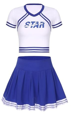 USOHJZ Conjunto De 2 Uniformes Animadora, Disfraz Halloween For Adultos Con Top Corto Estampado Letras Y Pantalones Cortos Cintura Alta Incorporados Para Actuaciones(Blue A,M)