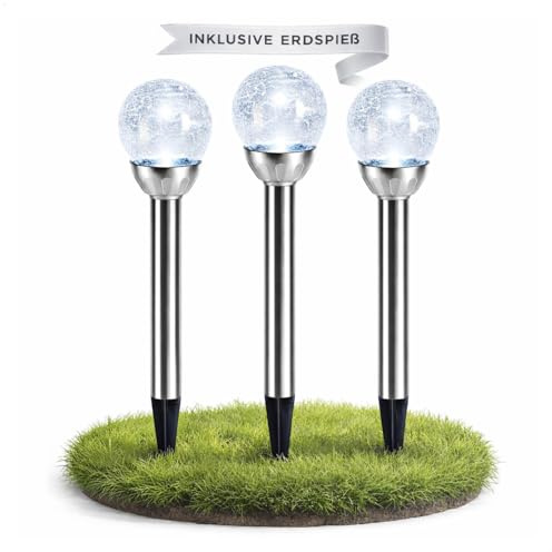 com-four® 3x LED Solarleuchte Garten mit Crackle Glas, Solar Gartenlampe