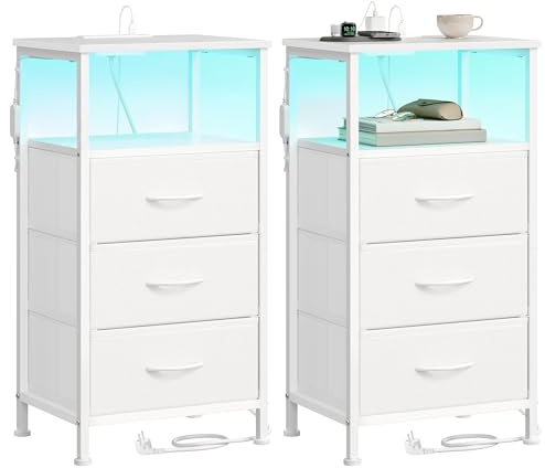 SONGMICS Mesita de Noche con Luces LED y Estación de Carga, Juego de 2 | 3 Cajones y Estante Abierto, 39,6 x 30 x 75,9 cm, para Dormitorio, Blanco, COLECCIÓN BELLAH LGS203W102