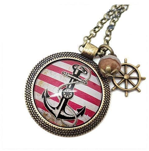 Sautoir Illustré Ancre Marine et Rayures Marron et Bordeaux en Métal Bronze avec Cabochon en Verre, Breloque et Perle en Jade