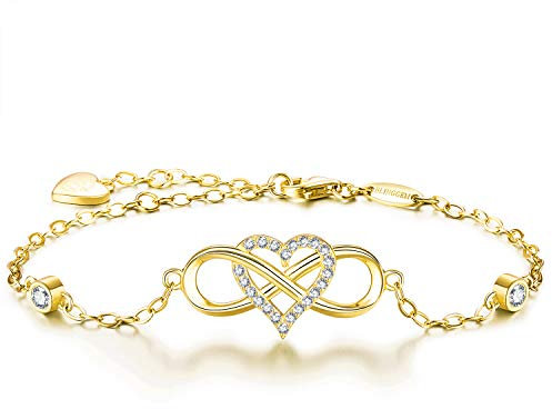 BlingGem Damen Armband Infinity Unendlichkeit Herz Gold vergoldet 925 Sterling Silber 5A Zirkonia Bettelarmband Frauen Für Immer Zusammen Geschenk für Frauen