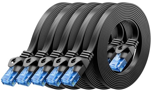 deleyCON 5x 1m CAT6 Plano Cable de Red 1000 Mbit Gigabit LAN - Cat 6 RJ45 Ethernet Cable de Conexión Delgado Cable de Instalación Plano - para Internet Conmutador Router Módem - Negro