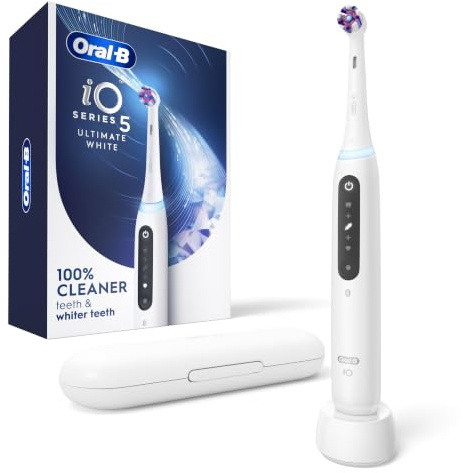 Oral-B iO Series 5 Ultimate White Rechargeable Electric Toothbrush with Visible Pressure Sensor, 2 Minute Timer, 5 Cleaning Settings, 1 Replacement Toothbrush Heads, and Travel Case, White