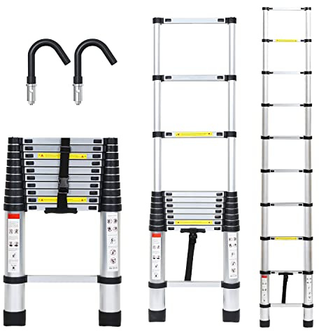 Joparri Teleskopstege i aluminium med avtagbar hake, 3,2 meter utdragbar stege, halkfri aluminiumstege, stående stege, multifunktionsstege, aluminiumstege med 150 kg lastkapacitet