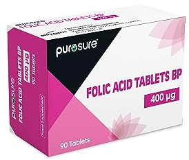 PuroSure Folic Acid Tablets 400 mcg – 90 Tablets - Vitamin B9 Tablets - 3 Month Supply - Pregnancy Care - Normal Function of Immune System & Maternal Tissue Growth During Pregnancy