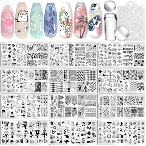 Biutee Nail Stamping Plate Set 12Pcs Nail Art Stamping Plates Nail Stamping Kit Nail Stamper Kit Flower Leaves Animal Lace Star Design Nail Stamp Plate