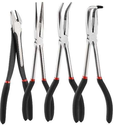 Mayouko 4PCS Long Reach Pliers Set - 11 Needle Nose, 45 & 90 Bent Nose, Diagonal Pliers for Narrow Spaces