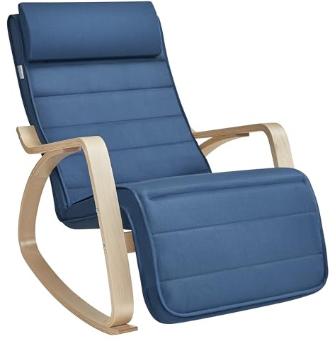 SONGMICS Silla Mecedora, con Apoyabrazos de Madera de Abedul, Silla Mecedora con Reposapiés Ajustable en 5 Posiciones, Máx. Carga de 150 kg, Dormitorio, Salón, Azul Medianoche y Natural LYY010Q01