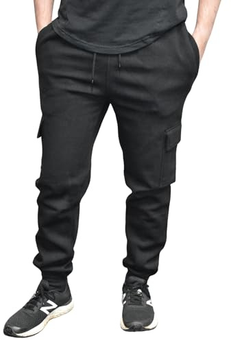 True Face Mens Trouser Fleece Sweatpants Cargo Combat Joggers Multi Pockets Elasticated Ribbed Sports Running Fitness Gym Jogging Bottoms Black Ribbed M