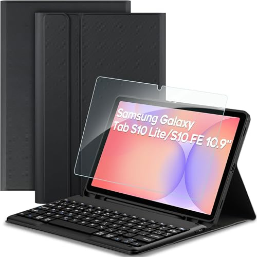 EasyAcc Funda con Teclado para Samsung Galaxy Tab S10 Lite 5G / S10 FE / S9 FE / S9 10.9 / 11 (2025/2023) con Película Protectora, Funda Protectora para Teclado Extraíble con Portalápices, Negro