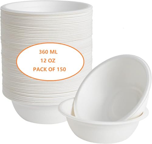 ZOFUN 150 cuencos desechables de caña de azúcar, 350 ml, cuencos de cartón blanco, cuencos de sopa, cuencos desechables, sopa de caña de azúcar, plato sopero, para picnic, cumpleaños, barbacoa y