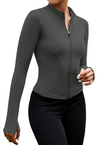 EFFAN Sportjacke Damen Sportshirt Laufshirt Sport Yoga Shirt Langarm Eng Running Bekleidung Pilates Jacke Outfit Klamotten Gym Oberteil Dunkelgrau M