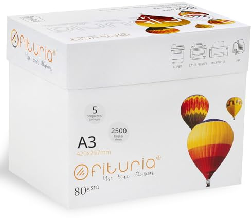Ofituria Carta A3 Bianca Multiuso per Stampante e Fotocopiatrice - 80g/m², 2500 Fogli per Ambienti di Lavoro e Uso Domestico
