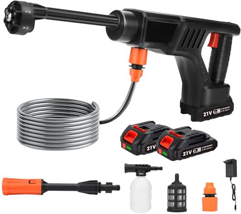 Kistrba Limpiador de alta presión de 40 bares, pistola de agua de alta presión, 260 W, sin escobillas, portátil, con 2 baterías de 2000 Ah y cargador, boquilla 6 en 1 para coche, ventana, césped