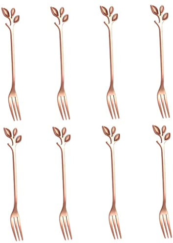 Fork Set Dessert Cake Fruit Fork Mini Handle Stainless Steel Kitchen Accessories with Leaf Shape for Home Party Rose Gold 8PCS Set