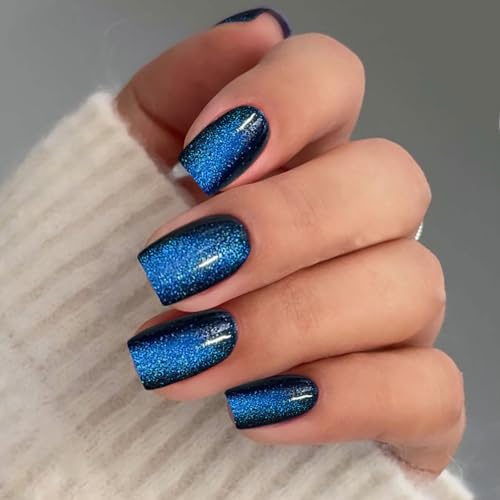 JMEOWIO Gel Nail Stickers Dark Blue Cat Eye Semi Cured Gel Nail Strips Wraps UV/LED Nails Art Design Decoration Accessories
