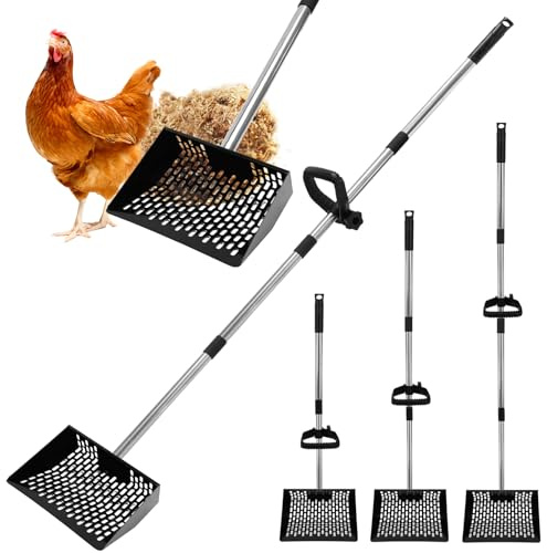 Paletta e rastrello per escrementi di pollo, 5,1 - 2,8 cm, in metallo, con impugnatura ergonomica, manico regolabile da 61 a 160 cm, paletta per lettiera e sabbia