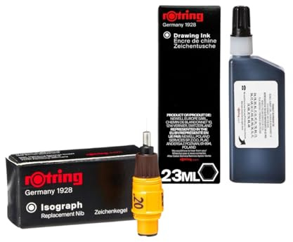 Rotring Isograph Plume de rechange 0,20 mm + flacon d'encre noire de 23 ml – Kit de dessin technique pour travaux de précision sur tableau de bord, vélin et papier calque – Encre pigmentée imperméable