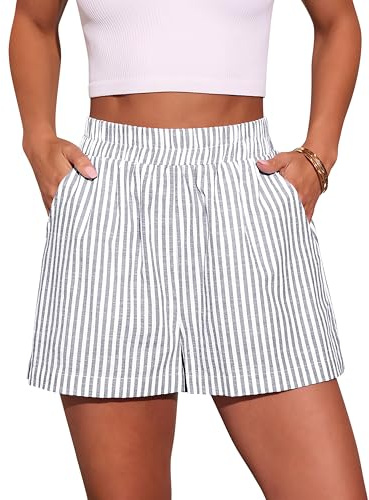 Zitiki Damshorts, sommar, randiga, hög midja, pyjamasbyxor med elastisk linning och fickor, strandshorts, GRÅ, M